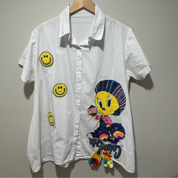 Tops - Sequined Tweety Bird Button Down Shirt